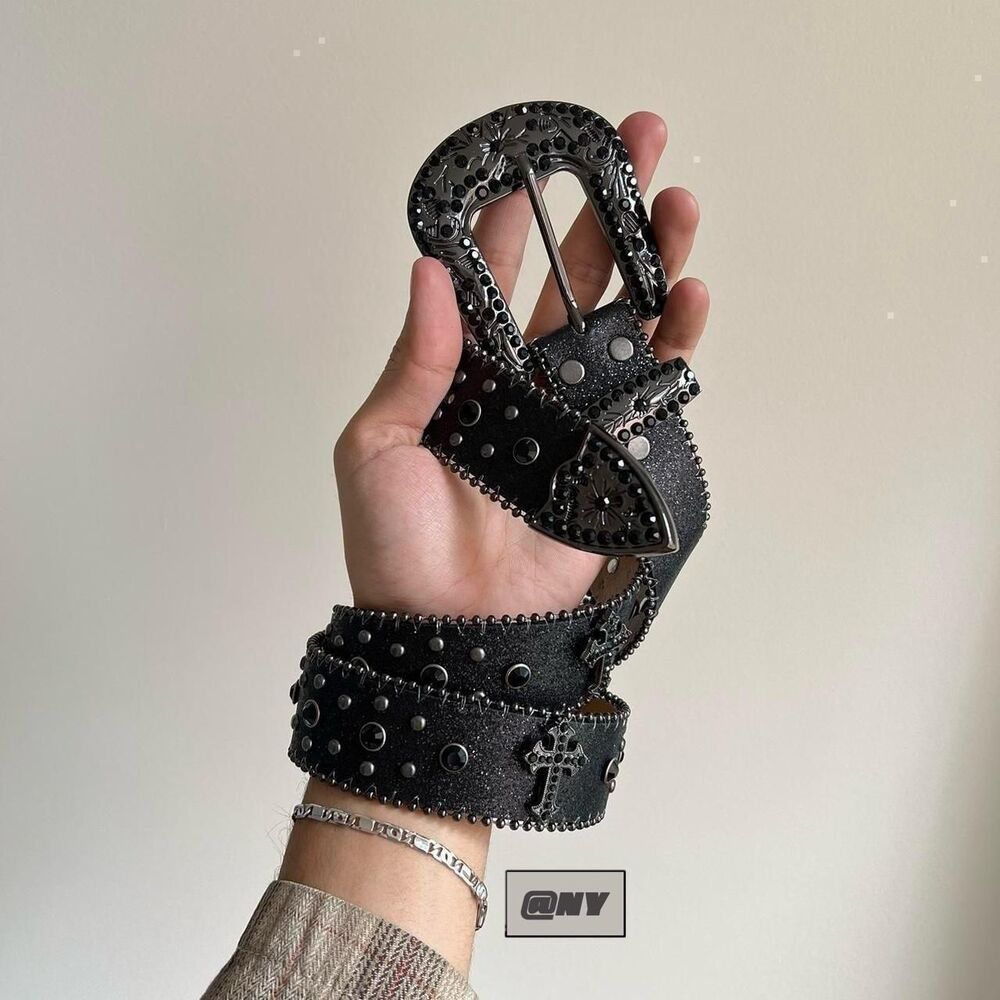 y2k style black cross rhinestone studded goth emo black belt